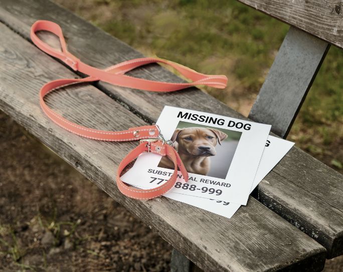 Missing dog posters and a leash on bench