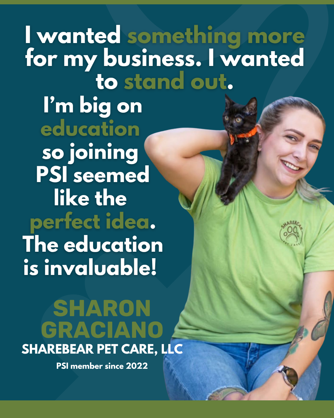 PSI member pet sitter Sharon Graciano wearing a green shirt and holding a small black cat